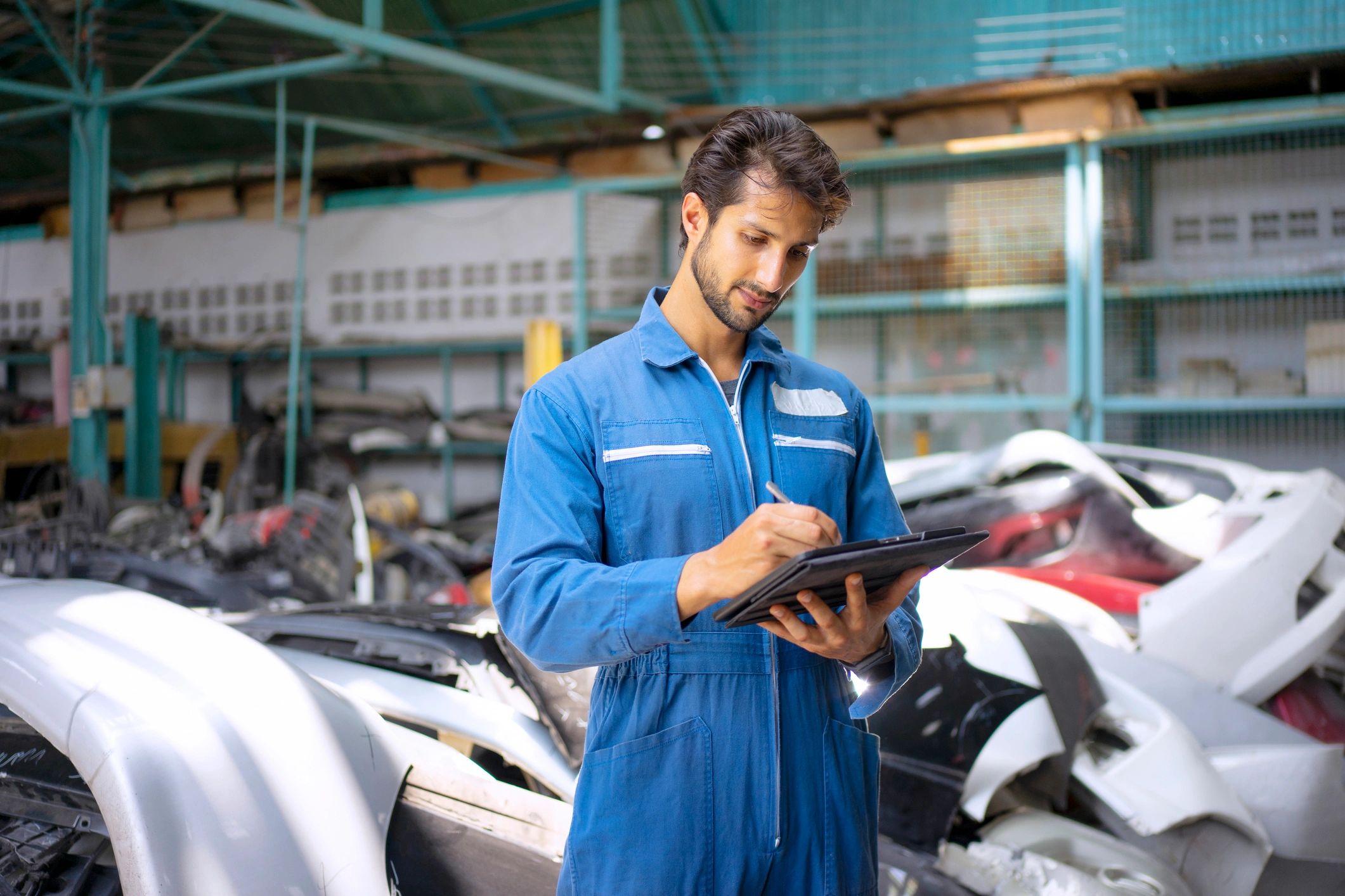 Automotive professional working with mobile technology