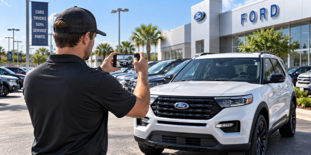 Professional automotive lot-service operator photographing a vehicle at a dealership using a mobile phone